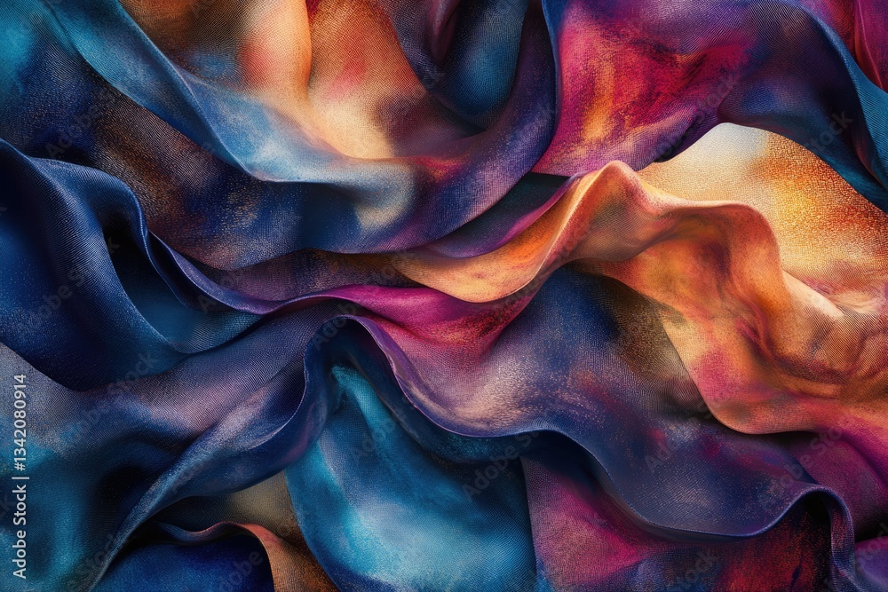 Obraz premium Abstract art depicting swirling, textured fabric in deep blues, purples, and oranges.