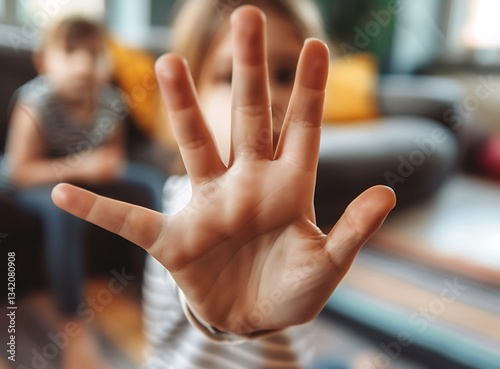 A child making a stop gesture with their hand, close-up shot, focus on the palm of their open right arm in front of the camera showing no sign, blurred background