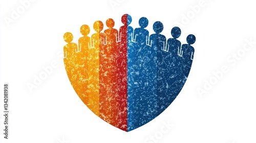 A colorful stylized illustration of a group in a shield shape