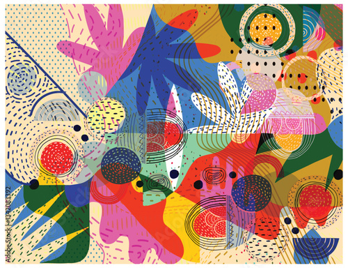 A vibrant abstract hand drawn flower and leaf camouflage print pattern, illustration featuring colorful shapes, patterns, and textures in red, blue, yellow, and green hues,