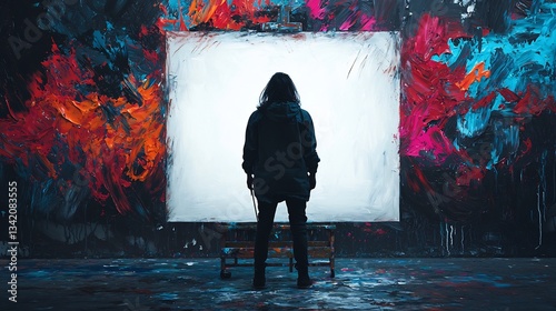 Painter standing before a blank canvas with their brush strokes painting reality itself