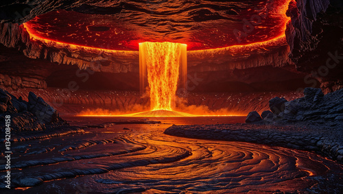 Magma cascade in a surreal volcanic cavern