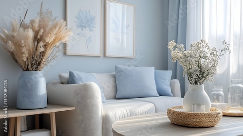 This inviting living room features light laminate flooring, a spacious sectional sofa with decorative pillows, and minimalist decor that enhances its serene Scandinavian style.