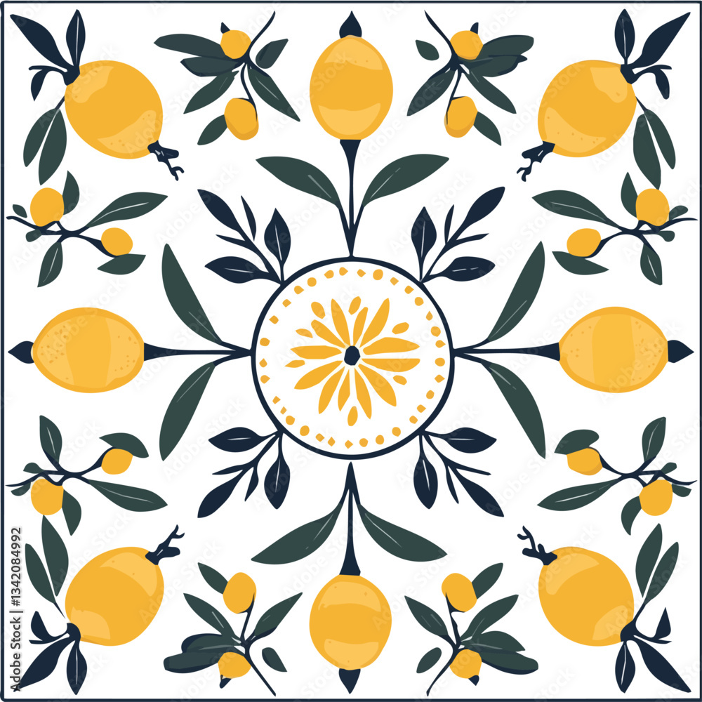 A simple flat 2D vector seamless pattern, Sicilian ceramic style tile with antique blue floral details and citrus elements on a white background, vector design