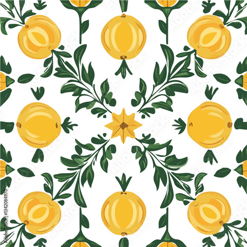 A simple flat 2D vector seamless pattern, Sicilian ceramic style tile with vibrant lemons and traditional Italian flourishes on a white background, vector design