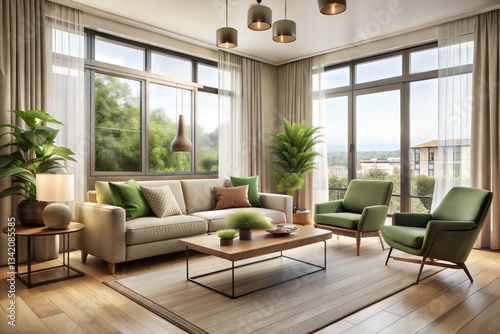 Modern Living Room with Large Windows and Greenery