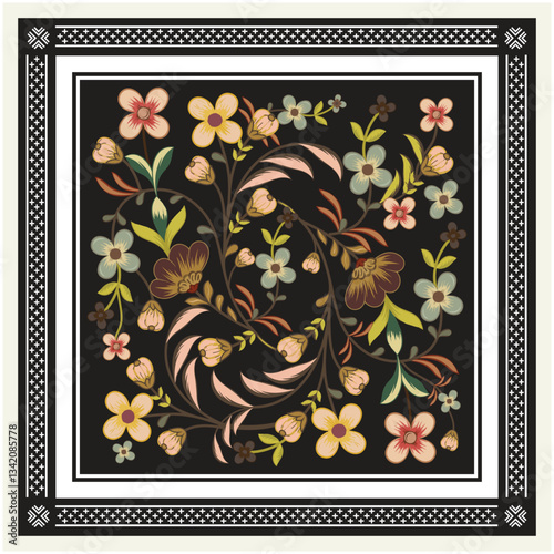 Colorful floral  and leaves print pattern, featuring various blossoms and leaf in soft pastel hues, intertwined on a white background square shape designs