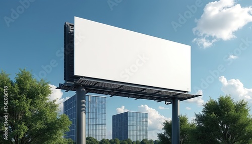 Wallpaper Mural Billboard mock-up with blank white screen for advertising. Modern office building, green trees, blue sky with clouds. Commercial advertisement, marketing content presentation. Urban street large Torontodigital.ca