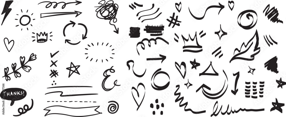 Hand drawn highlight, art line arrows, text underline strokes and emphasis marks vector Hand drawn highlight, art line arrows, text underline strokes and emphasis marks vector