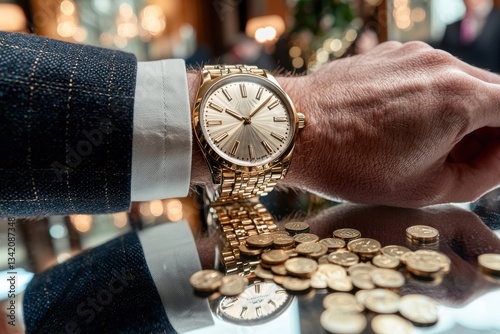 Close-up of a gold watch on a man's wrist with coins reflected on a shiny surface, portraying luxury and success, with a blurred background for depth.