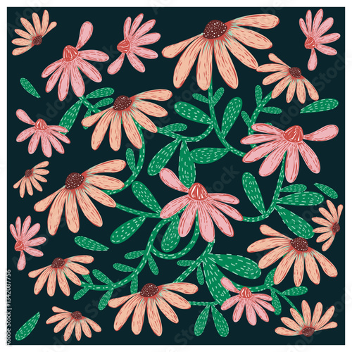 A vibrant hand drawn luxury floral print pattern, featuring pink daisies and golden leaves on a dark background, It could be used as a wallpaper, fabric design, or other decorative elements.