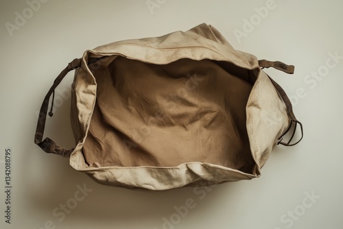 An overhead view of an open canvas bag on a surface