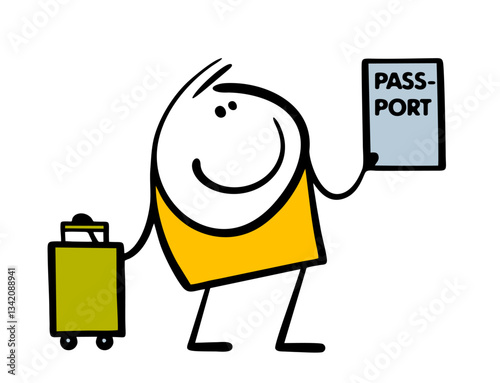 Satisfied traveler has passed through passport control and is showing his documents. Vector illustration of a foreign tourist who arrived in a foreign country with  suitcase and crossed the border.