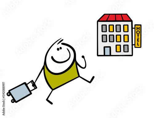 Cheerful traveler cheerfully walks to the hotel, carrying a suitcase on wheels. Vector illustration of a tourist arriving at a inn with luggage. Isolated cartoon on white background.