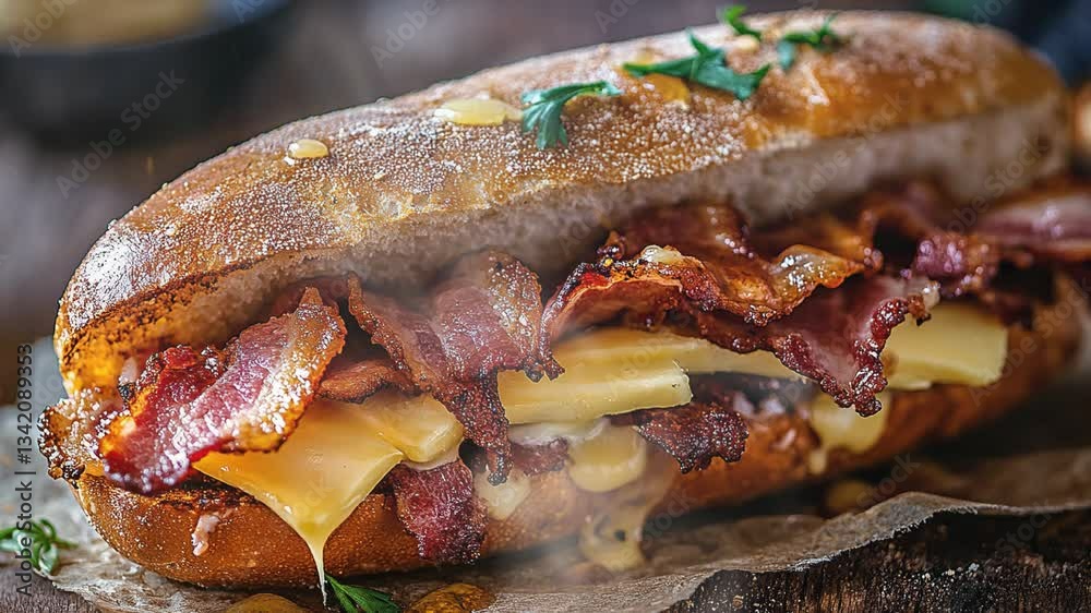 Bacon butty, butter and sauce sandwich with smoke around Bacon butty, butter and sauce sandwich with smoke around