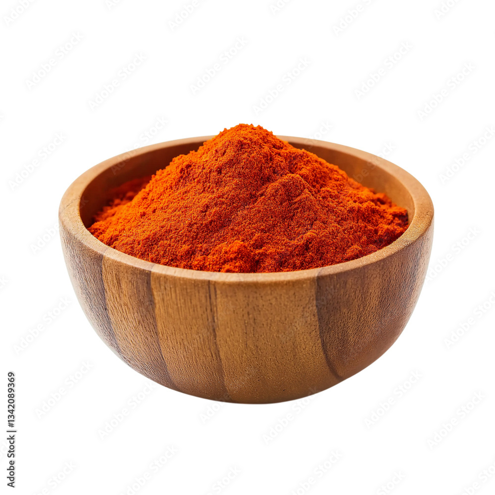 A wooden bowl filled with red chili powder on png and transparent background A wooden bowl filled with red chili powder on png and transparent background