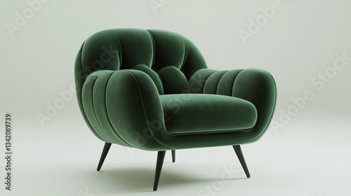 This is a computer-generated image of an emerald green, modern chair with plush, soft fabric.