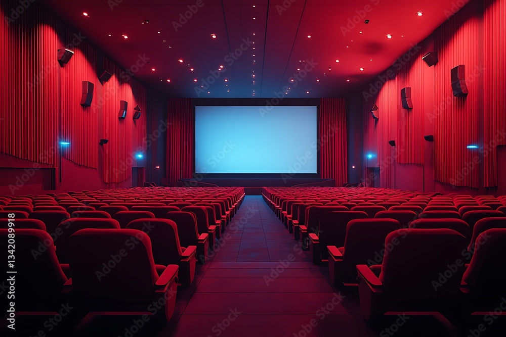 Fototapeta premium Empty Red Cinema Seats, Movie Theater Interior, Blank Screen, Dramatic Lighting