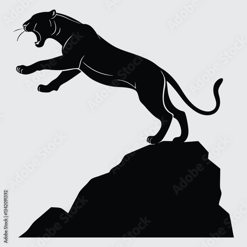 A tiger leaping from a rock to chase prey image silhouette design vector art and illustration