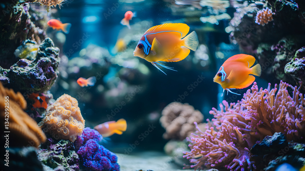 Obraz premium paisaje de una arrecife de coral en un acuario o pecera con vida marina y peces coloridos nadando en la naturaleza animales tropicales