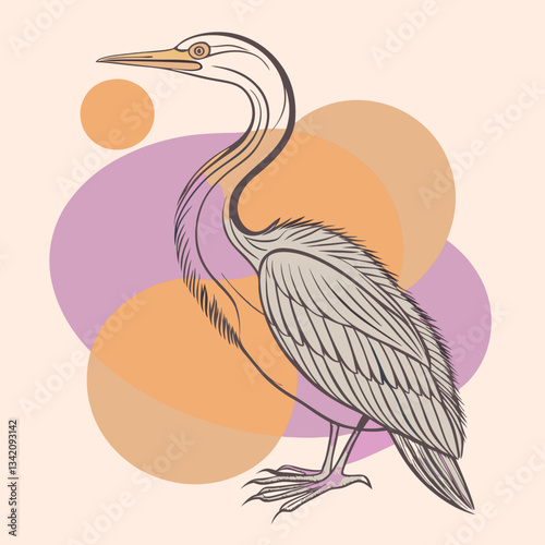 Elegant Heron Illustration: An elegant heron illustration is beautifully detailed, with graceful lines and muted tones, set against a backdrop of abstract shapes.