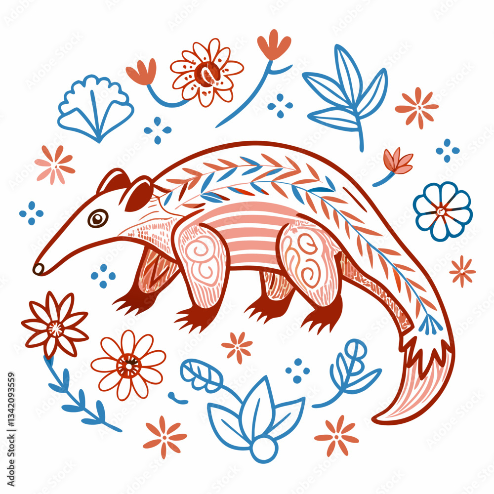 Obraz premium Anteater Illustration with Flowers: A whimsical and stylized illustration of an anteater, rendered in vibrant red and blue hues, surrounded by a blooming circle of colorful flowers.