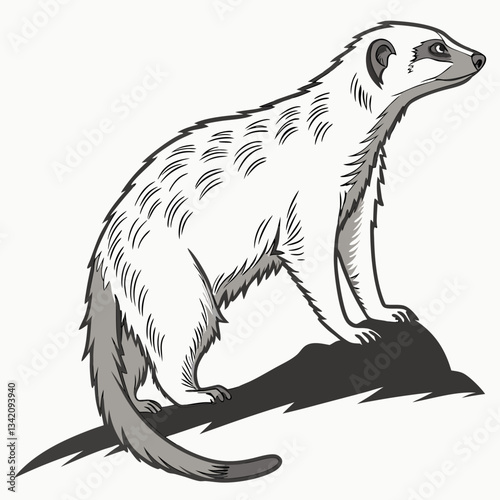 Alert Meerkat: A meerkat stands tall, vigilant and watchful, with a keen gaze and a  pointed,  alert expression, showcasing their characteristic curiosity and guarding nature. 