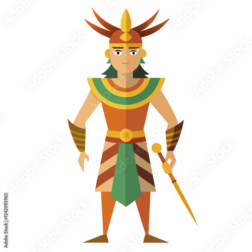 Ancient Warrior: A stylized illustration of an ancient warrior, adorned in elaborate attire and headdress, stands majestically, exuding strength and power. He holds a scepter, symbolizing authority. 