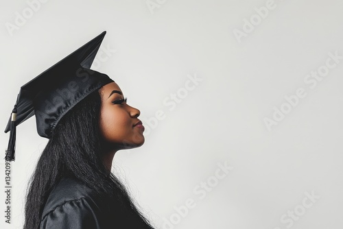 A young graduate wearing a cap and gown looks onward