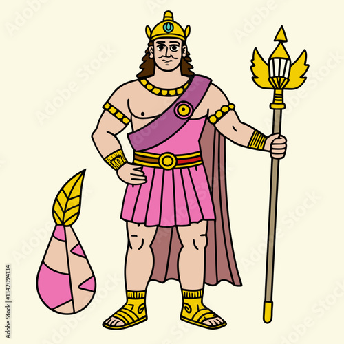 Mythological King Illustration: A powerful king, adorned in regal attire, stands proudly holding a ceremonial staff. His pink tunic, gold jewelry, and crown radiate authority.