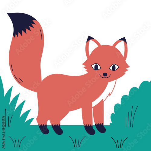 Playful Fox Illustration in Forest: A charming cartoon fox, depicted in vibrant colors, stands confidently in a simple forest scene. Capturing the playful essence of the forest and its inhabitants.