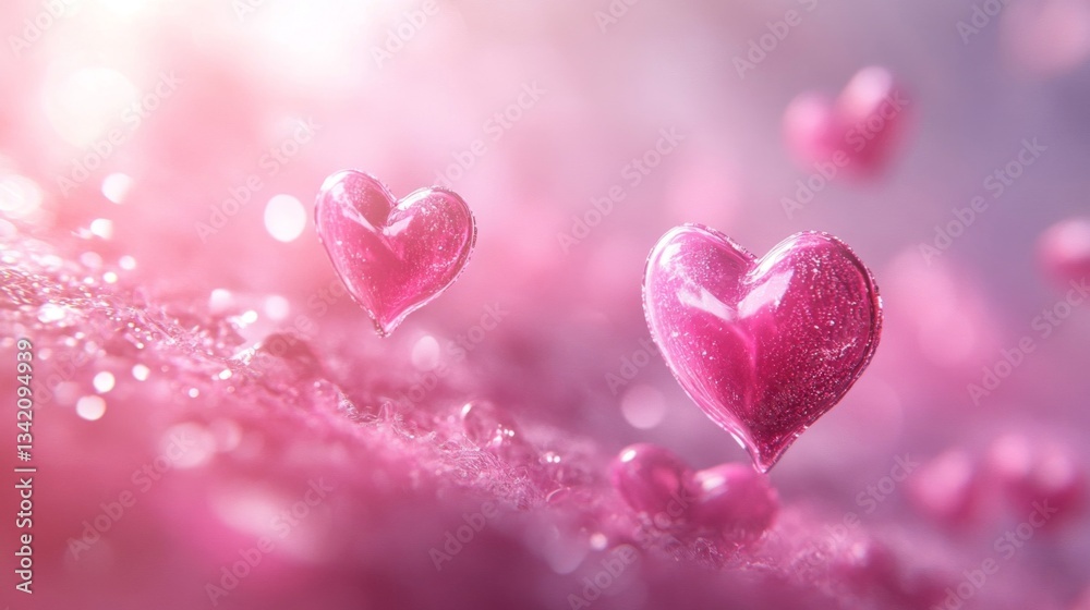 Pink Hearts Floating on Water Droplets Background