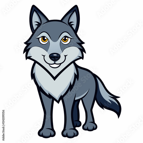 Cartoon Wolf Portrait: a friendly cartoon wolf stands confidently, portrayed in a simple and vibrant illustration style, exuding charm.