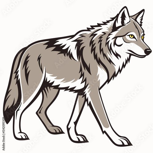 Gray Wolf Illustration: A majestic gray wolf, depicted in a stylized illustration, stands alert, showcasing its powerful build and piercing gaze. The image is rendered in shades of gray and white.