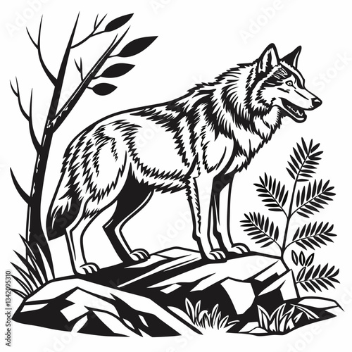 Lone Wolf Silhouette on a Rocky Outcrop: A striking monochrome depiction of a wolf standing proudly atop a rugged terrain, embodying the wild spirit of the wilderness. 