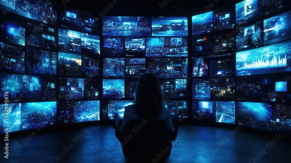 Surrounded by Data: A Woman Contemplating Vast Digital Landscapes Surrounded by Data: A Woman Contemplating Vast Digital Landscapes