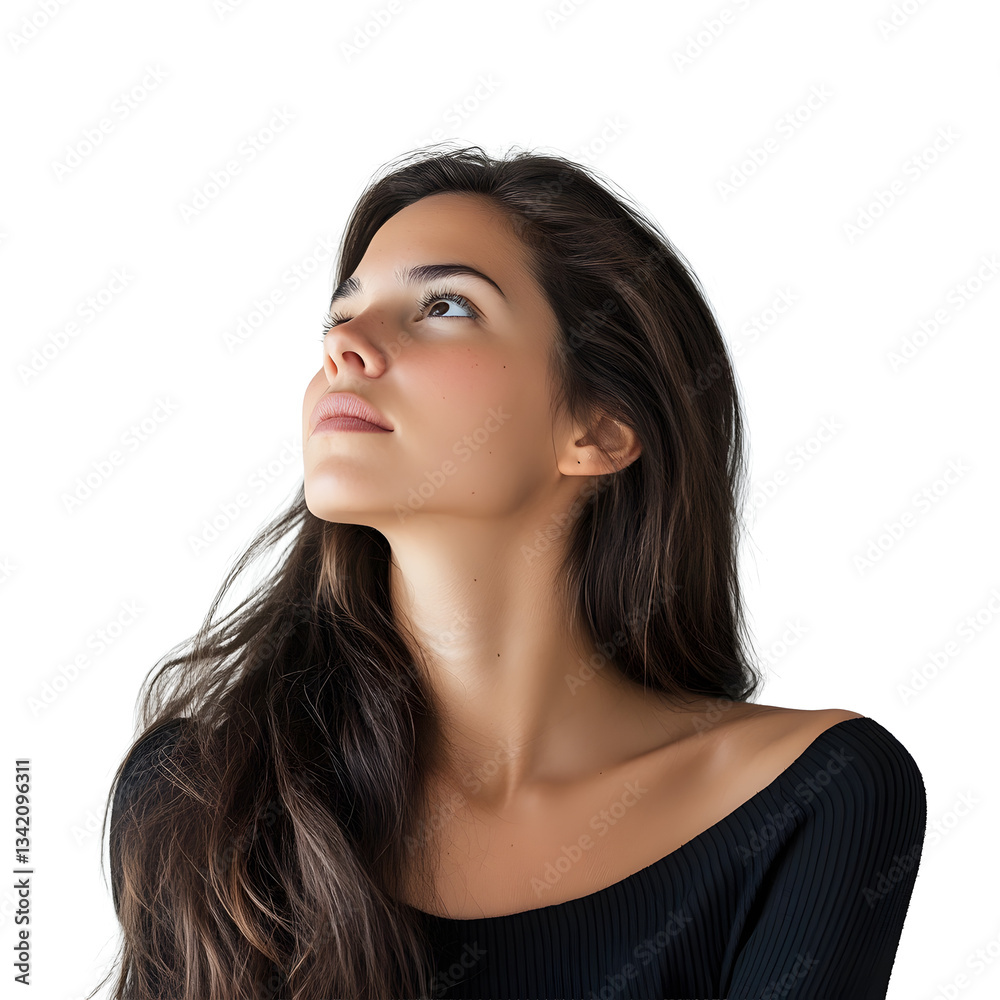 Young woman looking upwards with a serene expression. Head and shoulders view against a neutral background. Young woman looking upwards with a serene expression. Head and shoulders view against a neutral background.