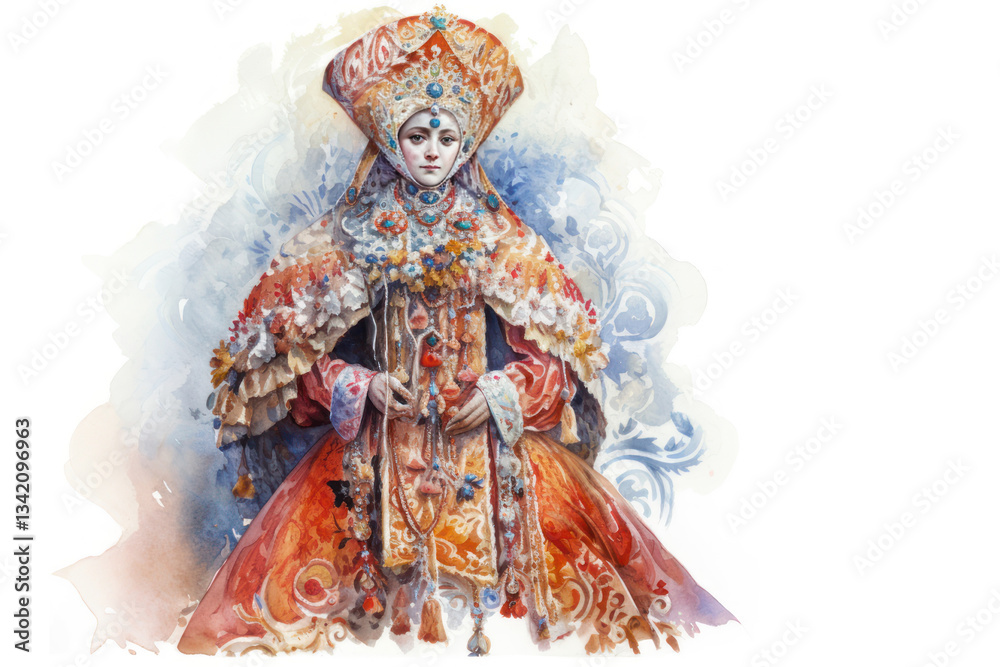 Fototapeta premium a young woman in traditional Russian dress, richly decorated with patterns and embroidery. 