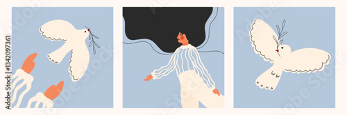 Set of illustrations with a girl and a dove of peace. Peace and the dove. Doves of peace. Vector illustration of doves and a free-spirited girl. Free movement. Freedom. Right