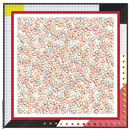 Abstract pattern filled with colorful shapes against a white background, framed in bold geometric borders of red, black, yellow, and dotted designs.