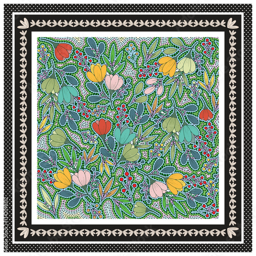 Colorful seamless print floral pattern with a variety of flowers and leaves on a white background, It could be used as a wallpaper, fabric design, pillow cover, curtains or other decorative elements.