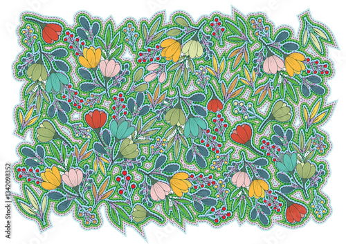 A vibrant, intricate floral pattern featuring colorful flowers, berries, and lush leaves, all outlined in decorative blue stitching.