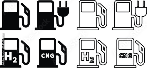 Fuel, Gas station icons or signs in flat, line set. isolated on transparent background