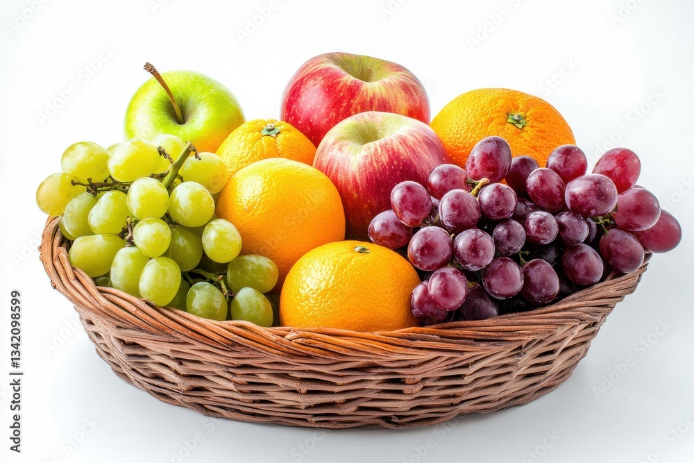 A basket of fresh fruit (grapes, apples, oranges) isolated on white background A basket of fresh fruit (grapes, apples, oranges) isolated on white background