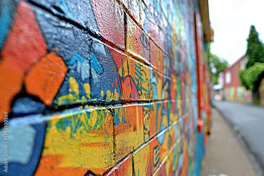 Obraz premium Close-up perspective of a colorful graffiti brick wall along a street with houses, depicting urban art in an artistic and vibrant display in a city setting.