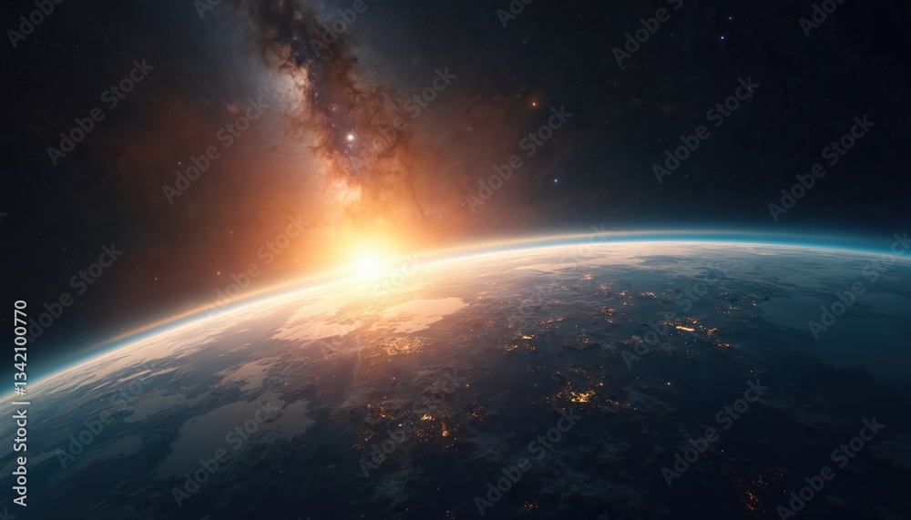 Fototapeta premium Breathtaking view of sunrise from space orbit. Golden sun rays illuminate earth curvature against star-studded cosmos expanse. Photo of our planet from outer space. Astronomy concept.