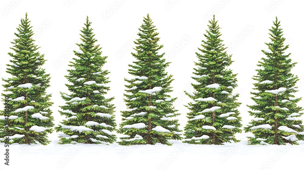 Obraz premium Five evergreen trees covered with snow isolated on white background