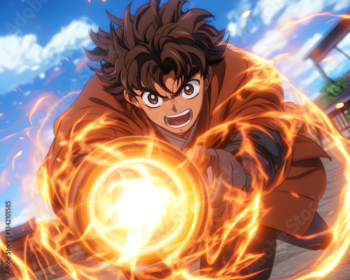 Anime Character Unleashes Fire Energy, Japanese Village Background photo