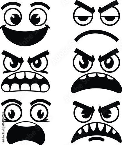 Cartoon Angry and Happy Face Expressions, Vector Emoticon Set.