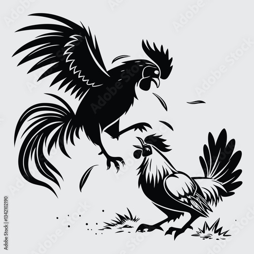 A rooster slamming into another mid-fight image silhouette design vector art and illustration